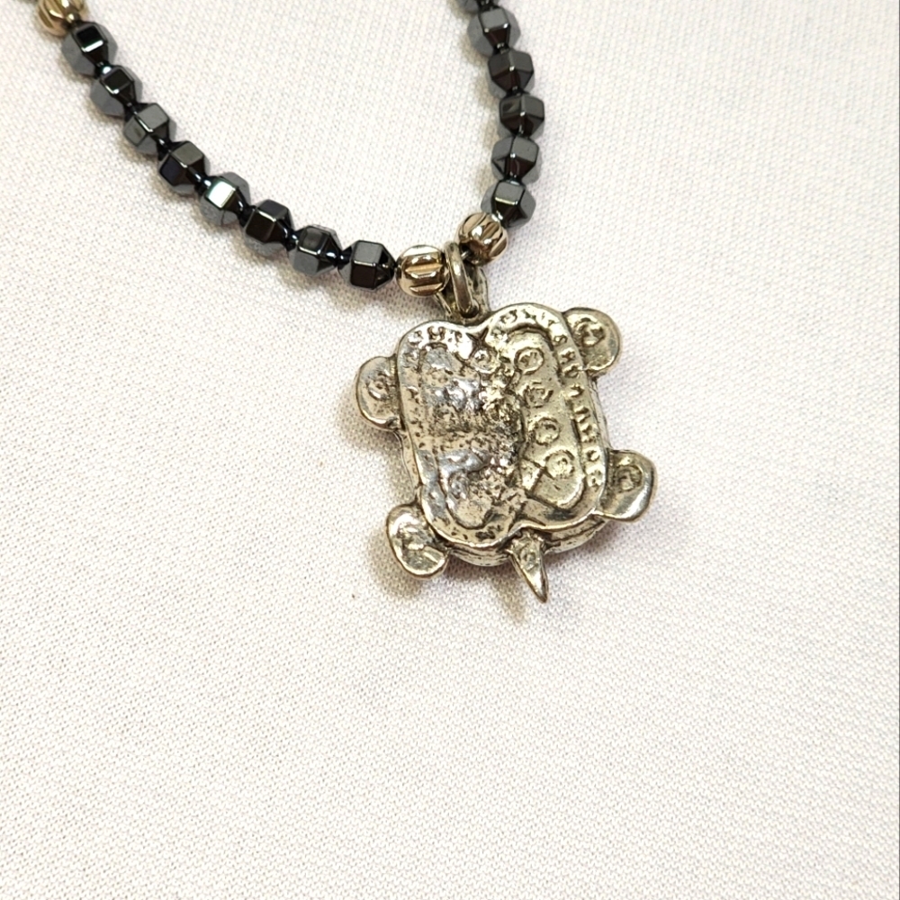 Hematite Bead and Silver Turtle Necklace